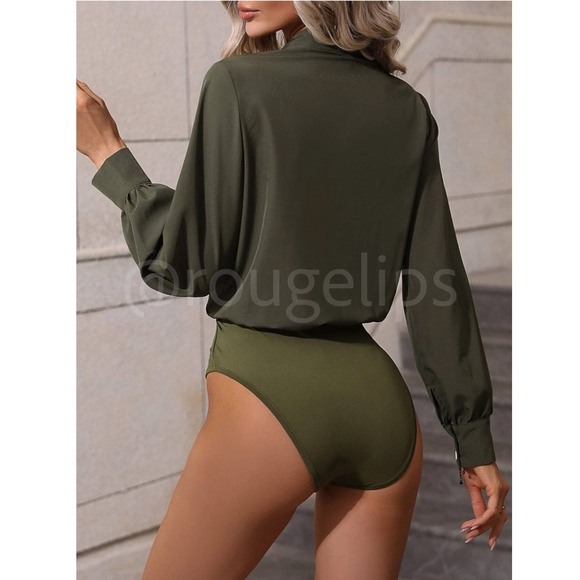 Army Green Bodysuit V-Neck Surplice Long Sleeve Buttoned Pockets - Picture 2 of 9